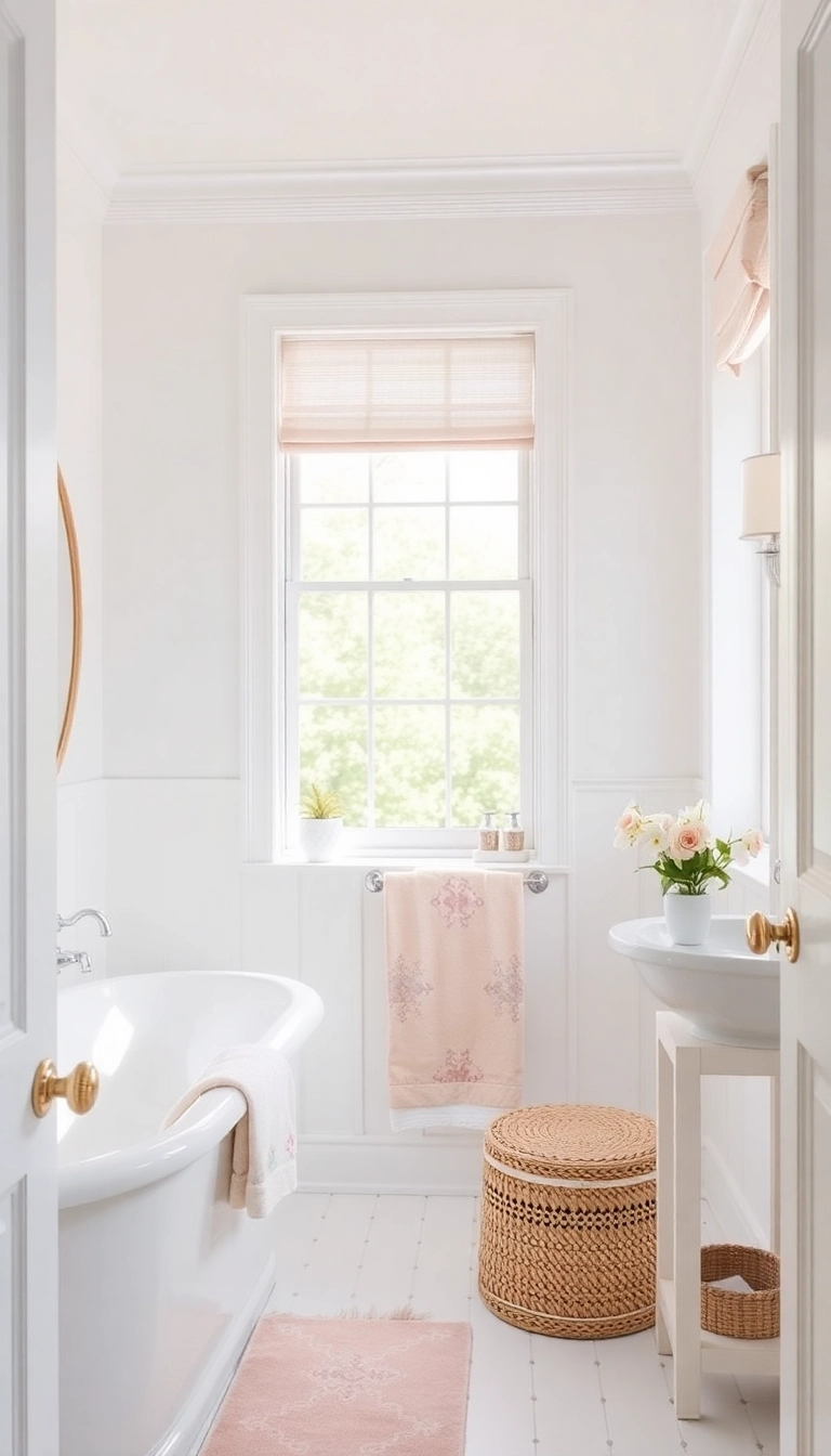 20 Stunning White Bathroom Ideas That'll Make You Feel Like You're in a Spa! - 14. Soft Pastel Accents