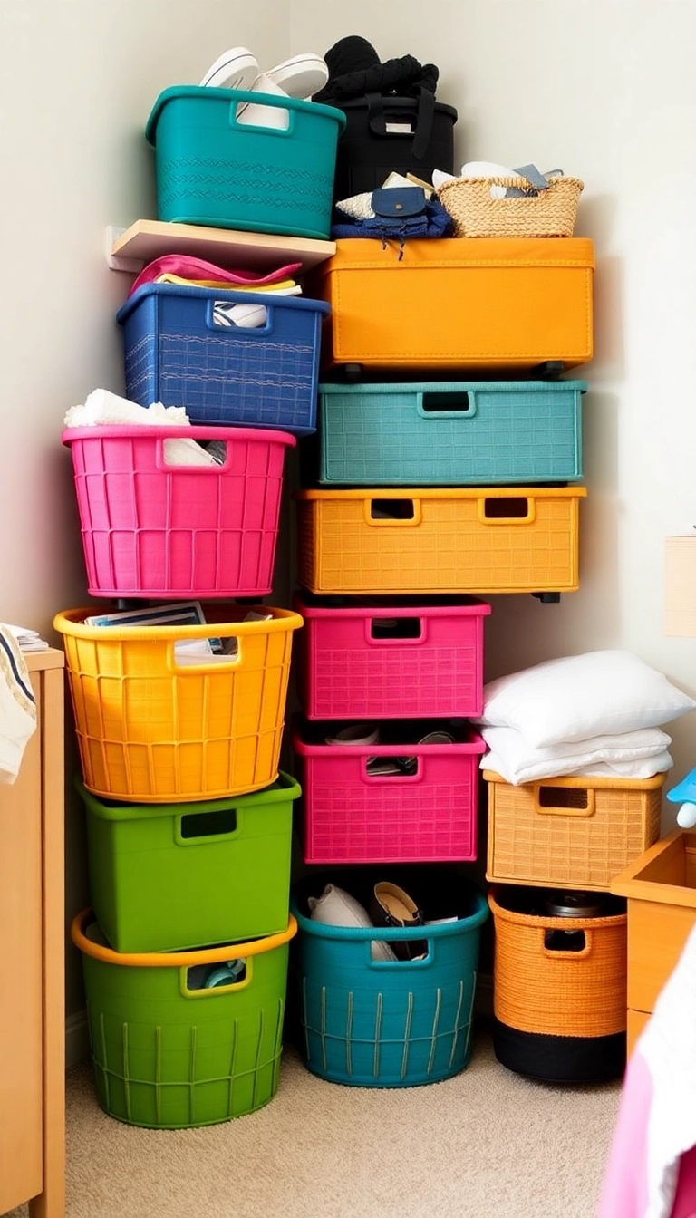 20 Dorm Room Ideas That Will Transform Your Space Without Breaking the Bank! - 19. Colorful Storage Baskets