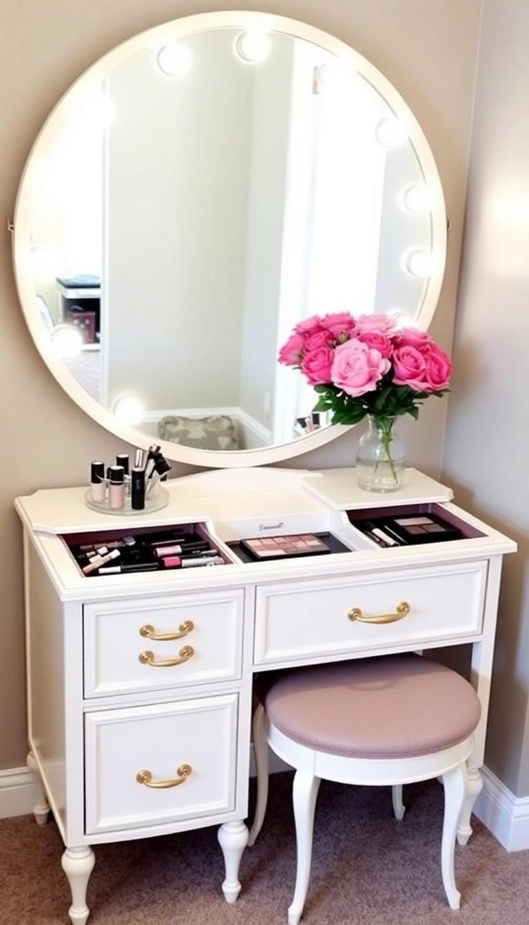 12 Feminine Makeup Room Ideas That Are So Functional You’ll Wonder How You Lived Without Them! - 1. Elegant Vanity with Built-in Storage