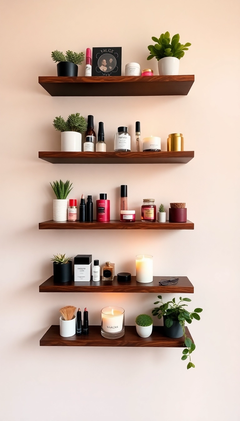 12 Feminine Makeup Room Ideas That Are So Functional You’ll Wonder How You Lived Without Them! - 3. Chic Wall-mounted Shelves